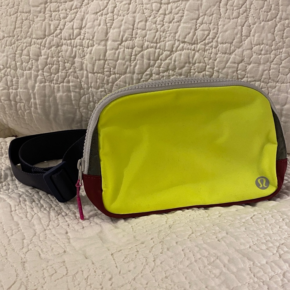 lululemon athletica Neon Yellow with Burgundy Accents Everywhere 1L Belt Bag